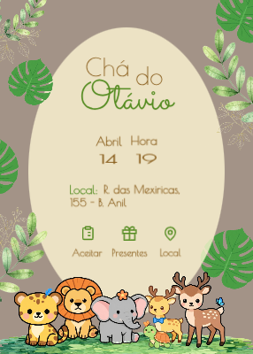 Convite digital infantil com bichinhos e botões de confirmar presença, presentes e local