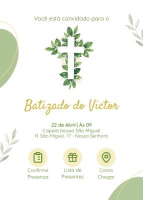 Plantilla de invitación: Convite batizado cruz com folhas