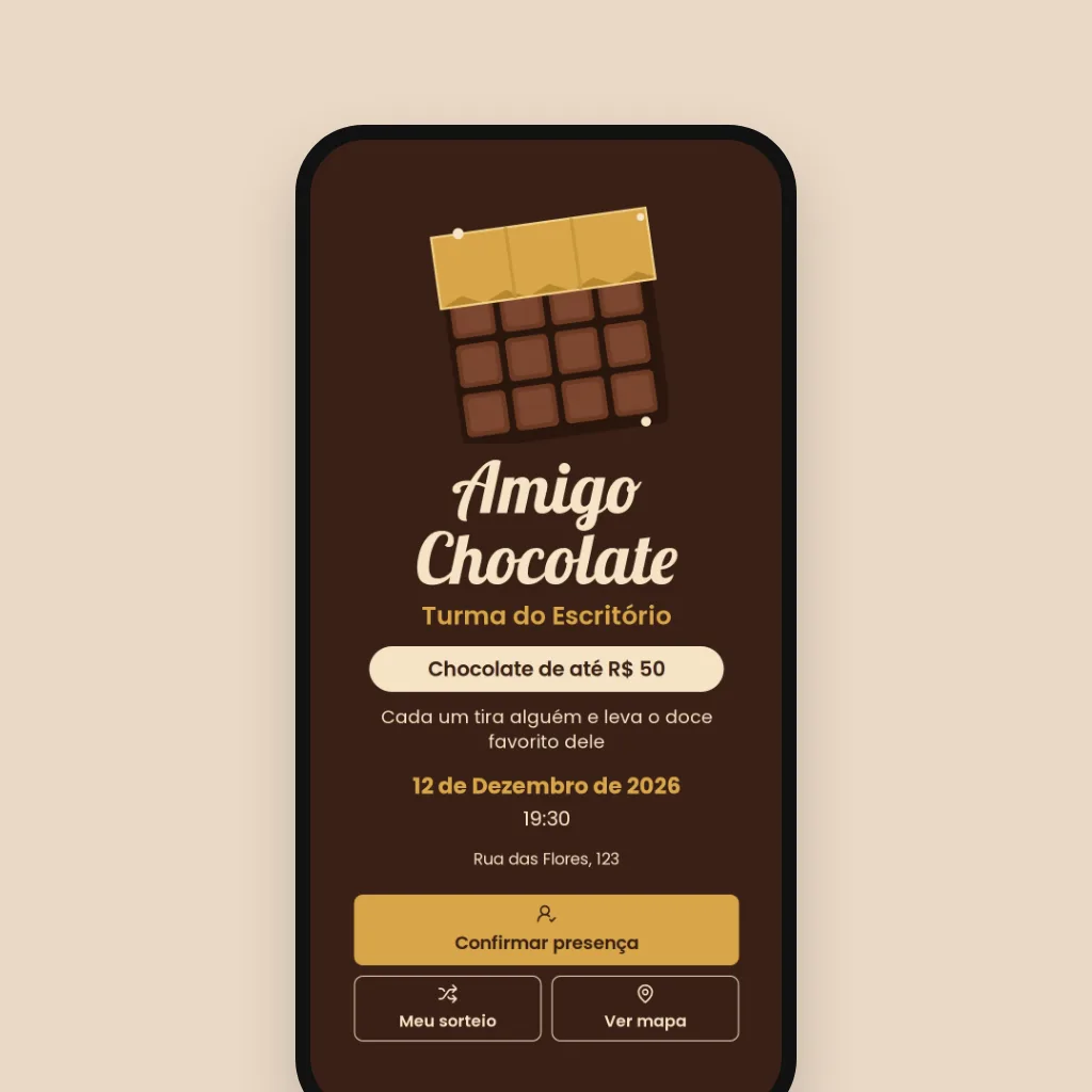 Celular com convite de amigo chocolate com barra de chocolate e botão do sorteio