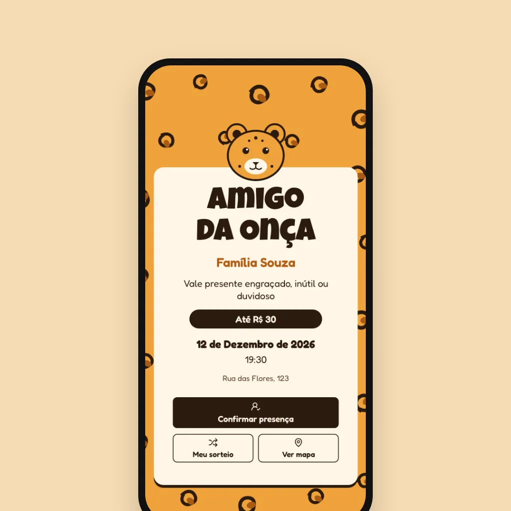 Celular com convite de amigo da onça com estampa de onça e botão do sorteio