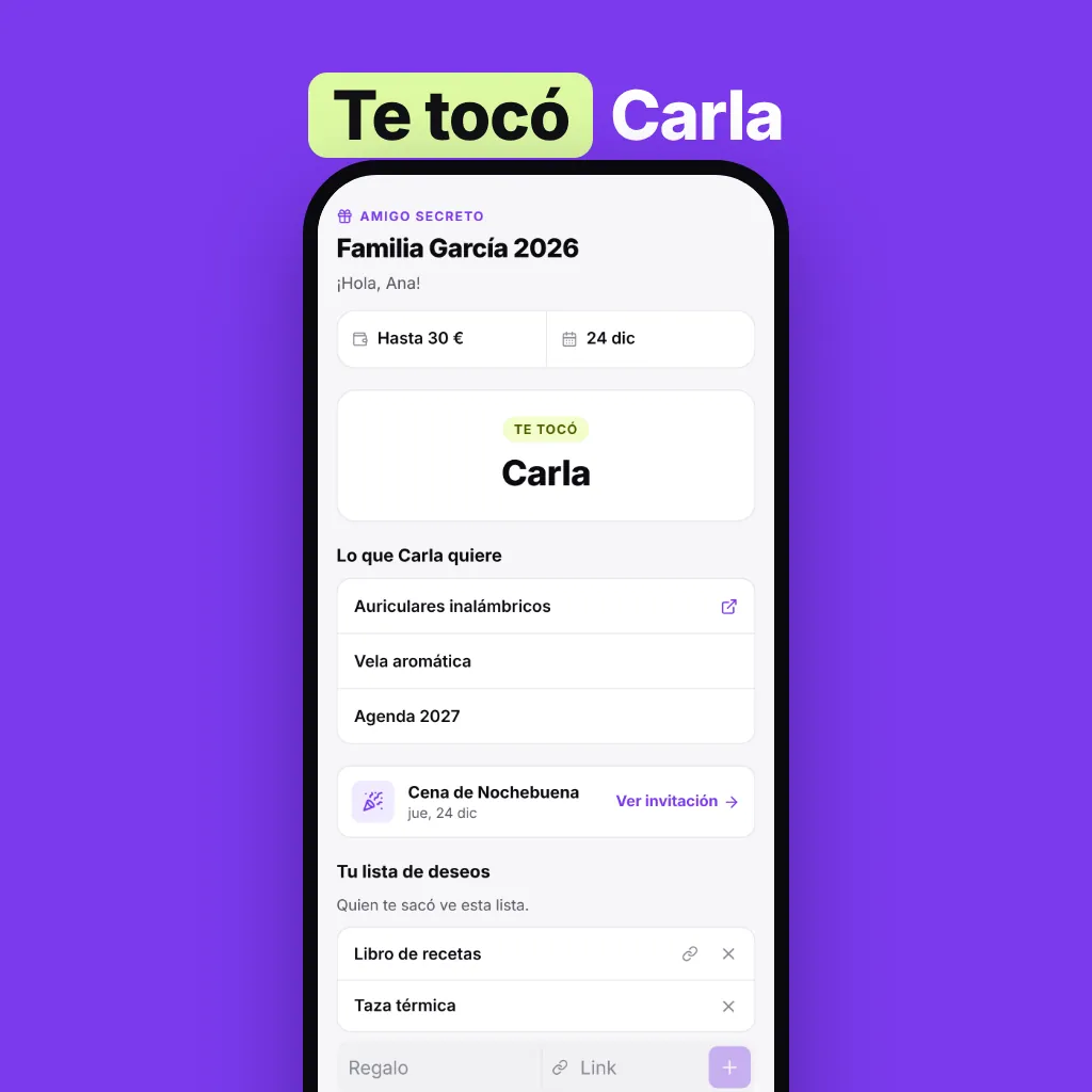 Móvil con el resultado del amigo invisible y la lista de deseos de la persona que ha tocado