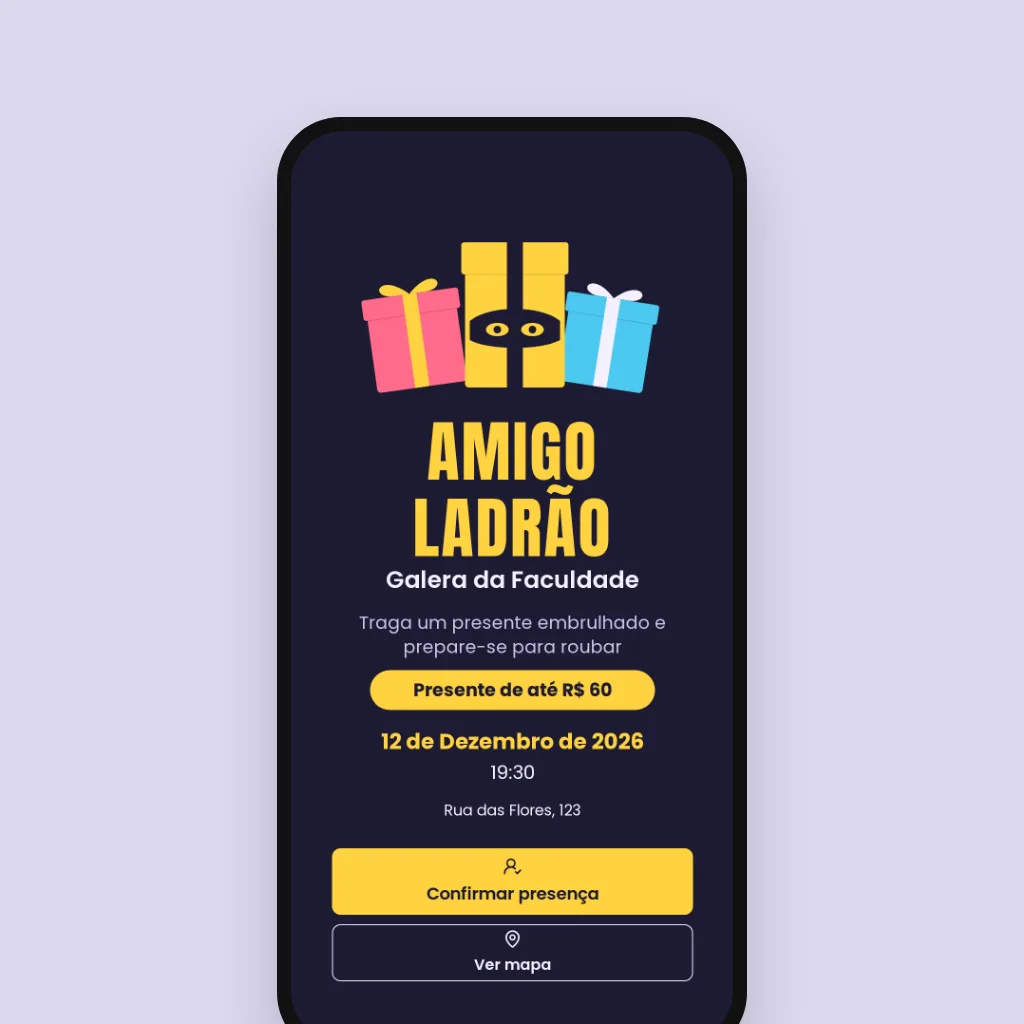 Celular com convite de amigo ladrão com presentes coloridos e botão de confirmar presença