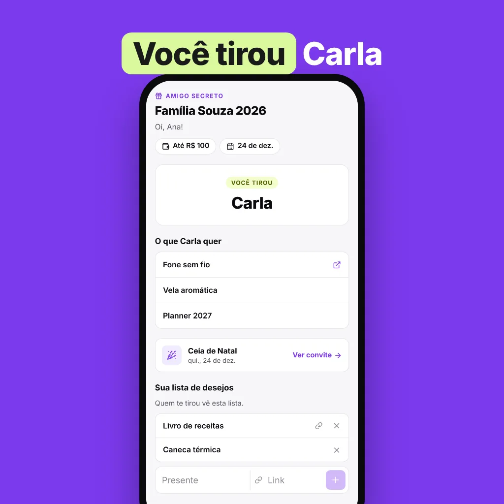 Celular mostrando o resultado do amigo secreto com a lista de desejos de quem foi sorteado