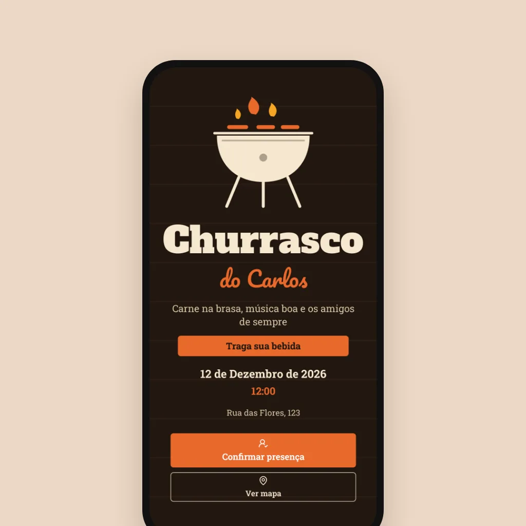 Celular com convite digital de churrasco com churrasqueira e brasa