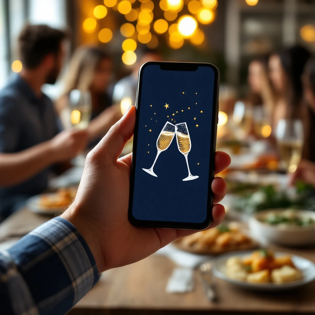 Celular com convite digital de confraternização numa mesa de festa de fim de ano