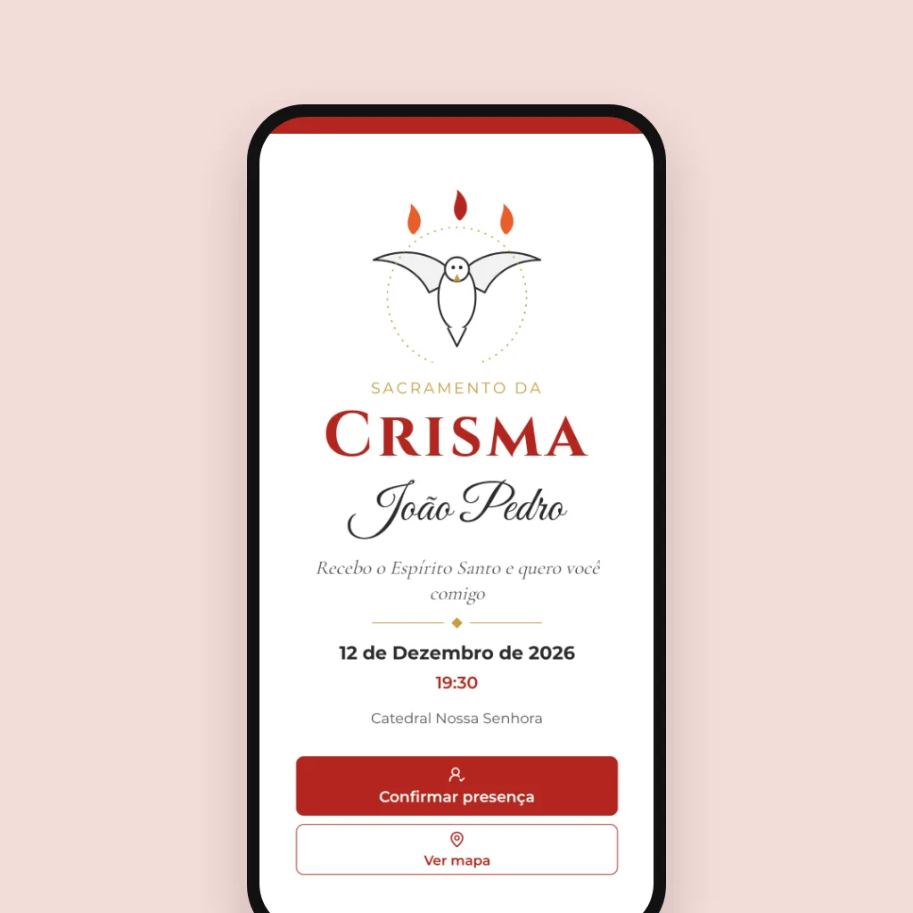 Celular com convite digital de crisma com pomba e chamas do Espírito Santo