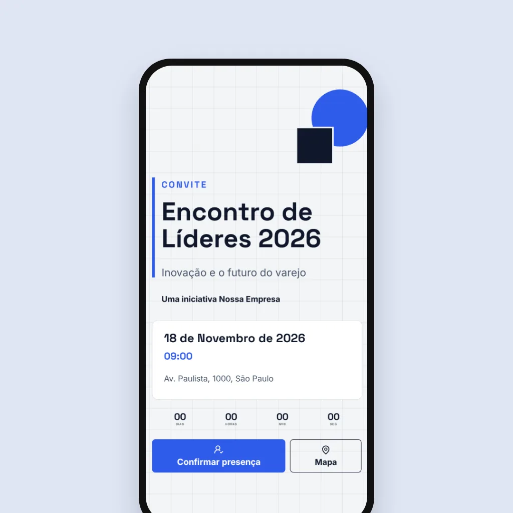 Celular com convite digital de evento corporativo, data, local e botão de confirmar presença