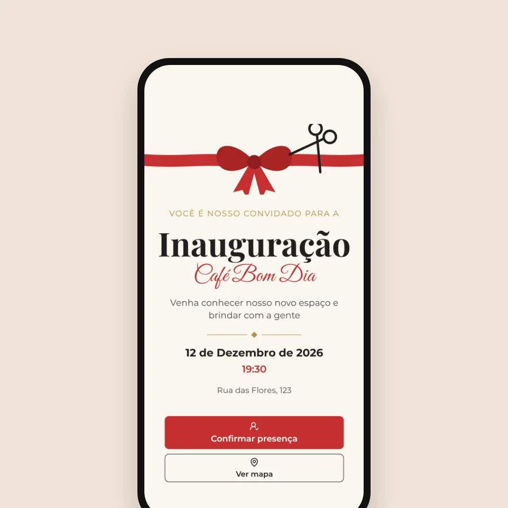 Celular com convite digital de inauguração de loja com fita vermelha e botão de confirmar presença