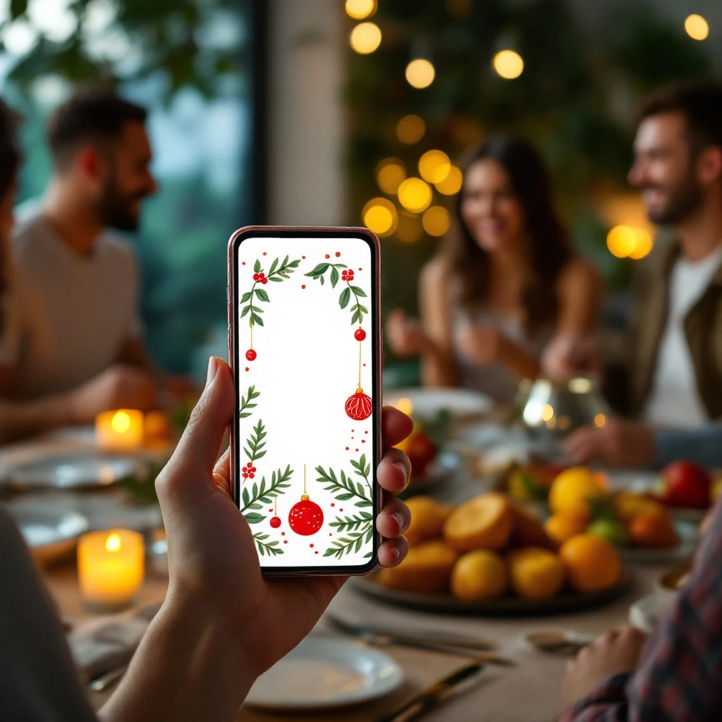 Celular com convite digital de Natal na mesa da ceia em família