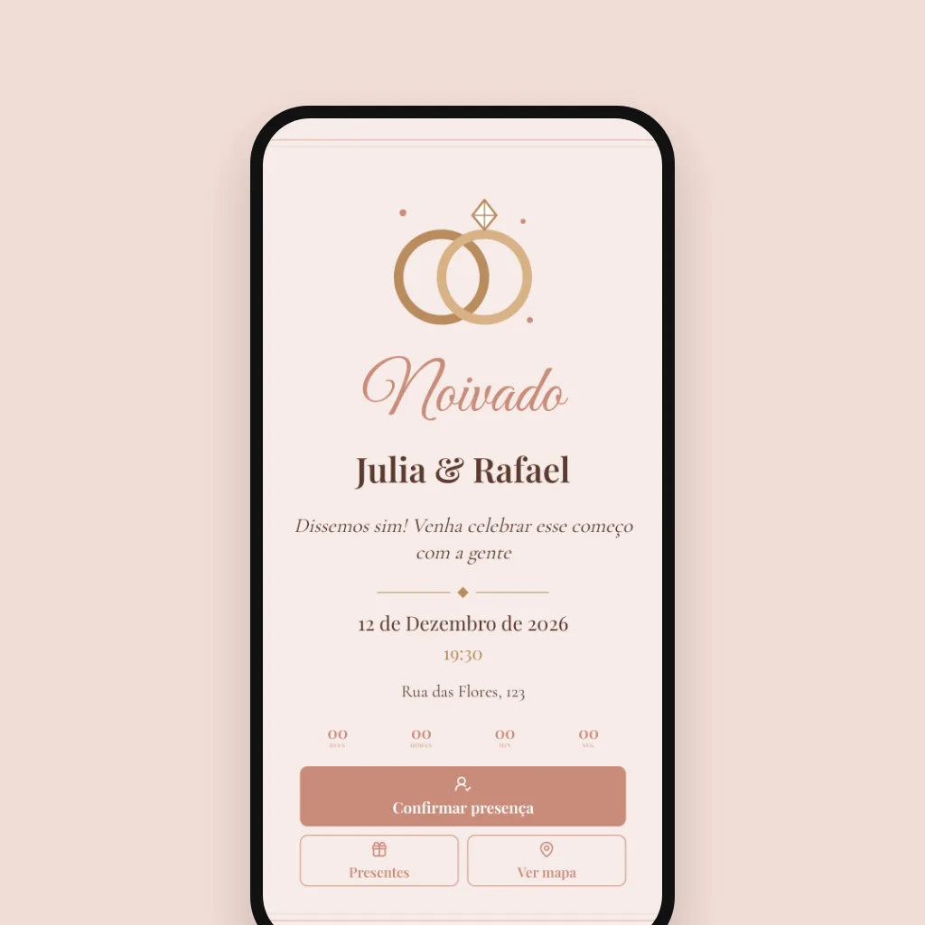Celular com convite digital de noivado com alianças douradas
