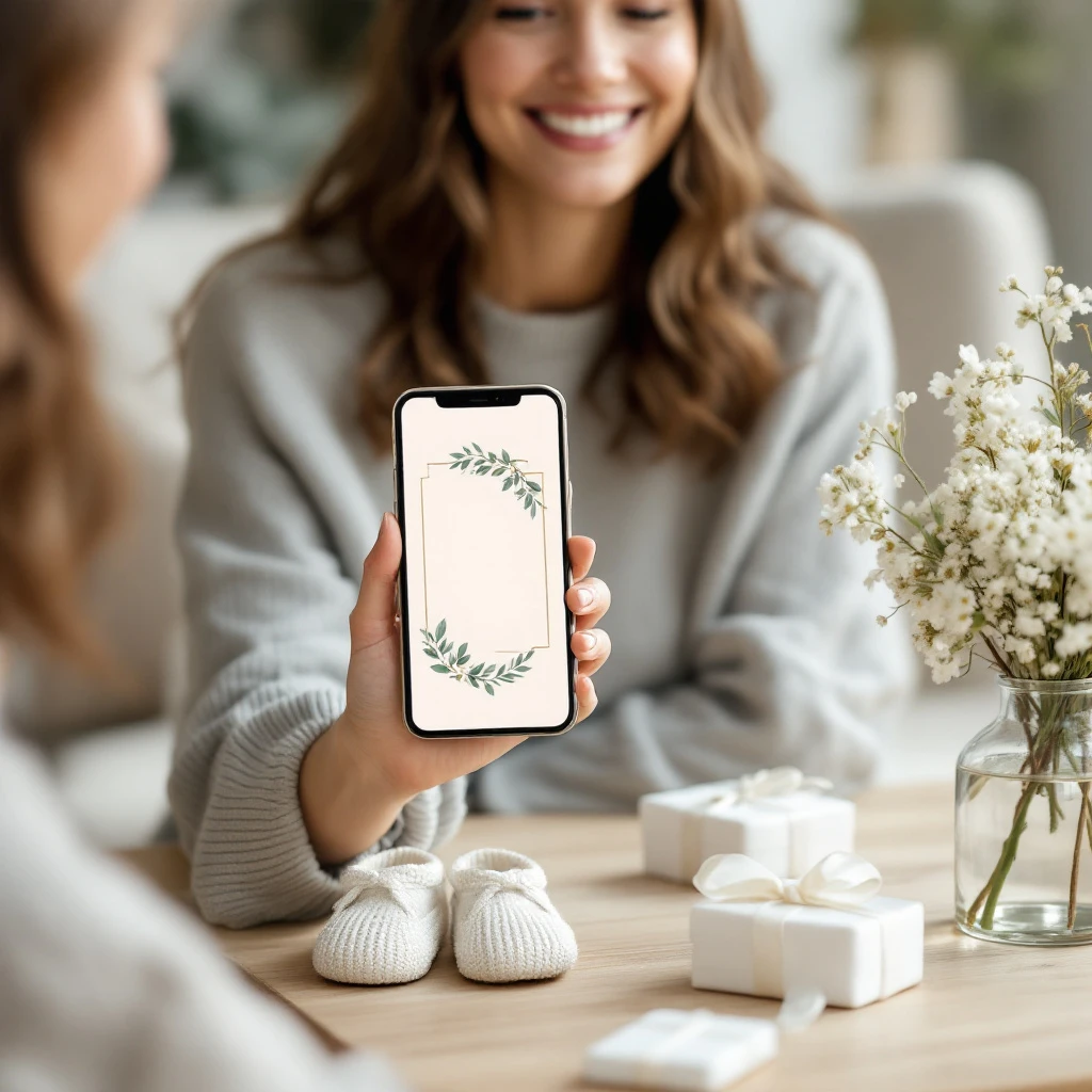 Mulher mostrando no celular um convite digital para padrinhos de batismo