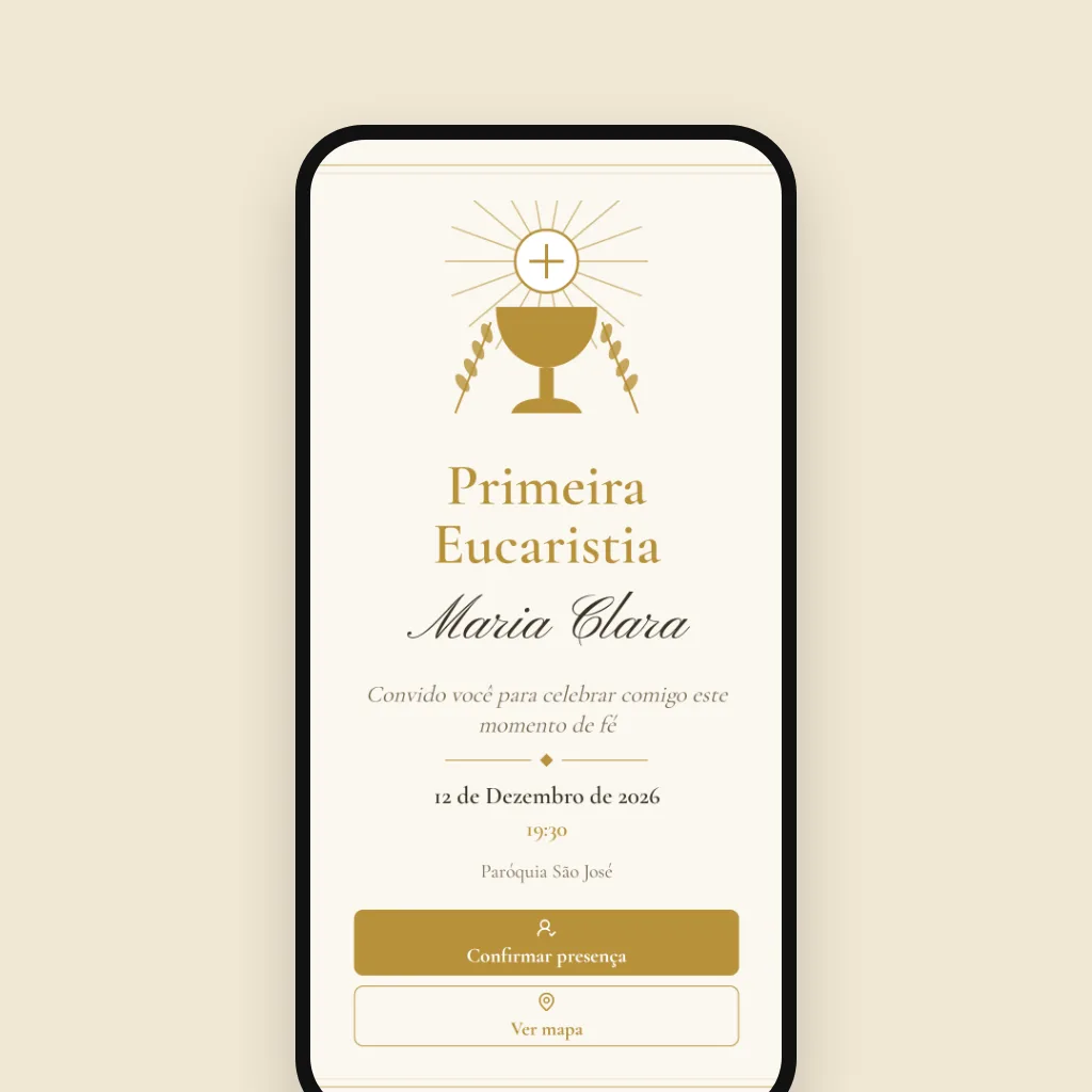 Celular com convite digital de primeira eucaristia com cálice dourado