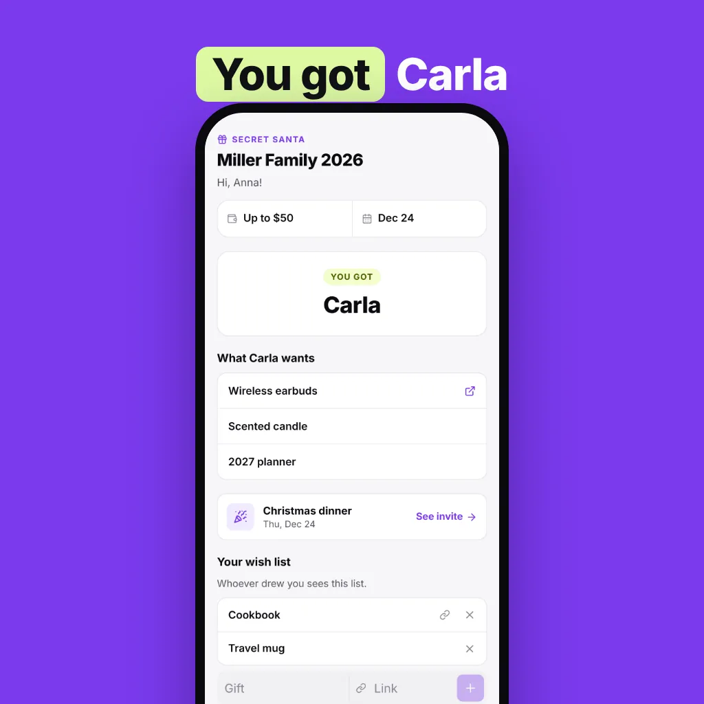 Phone showing a Secret Santa result with the wish list of the person drawn